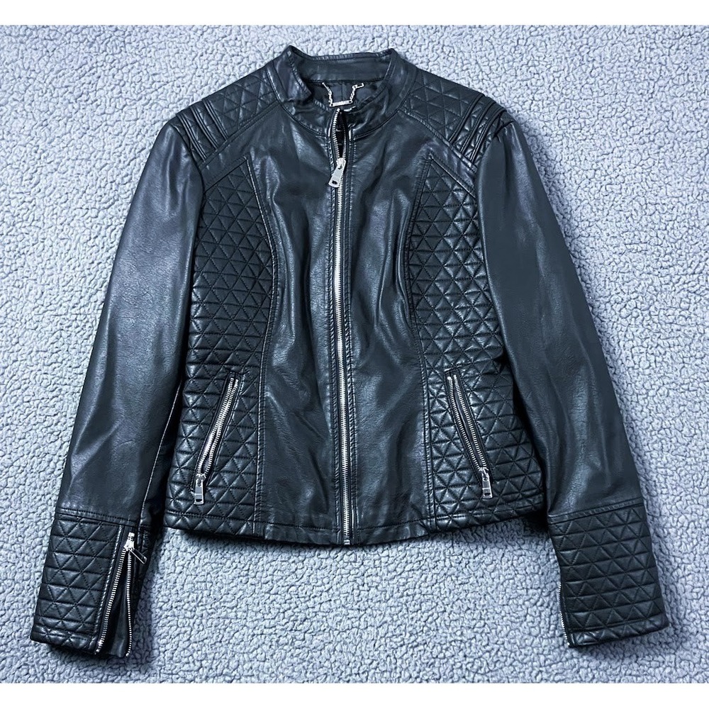 LA Coalition Black Faux Leather Quilted Moto Biker Jacket Womens Large